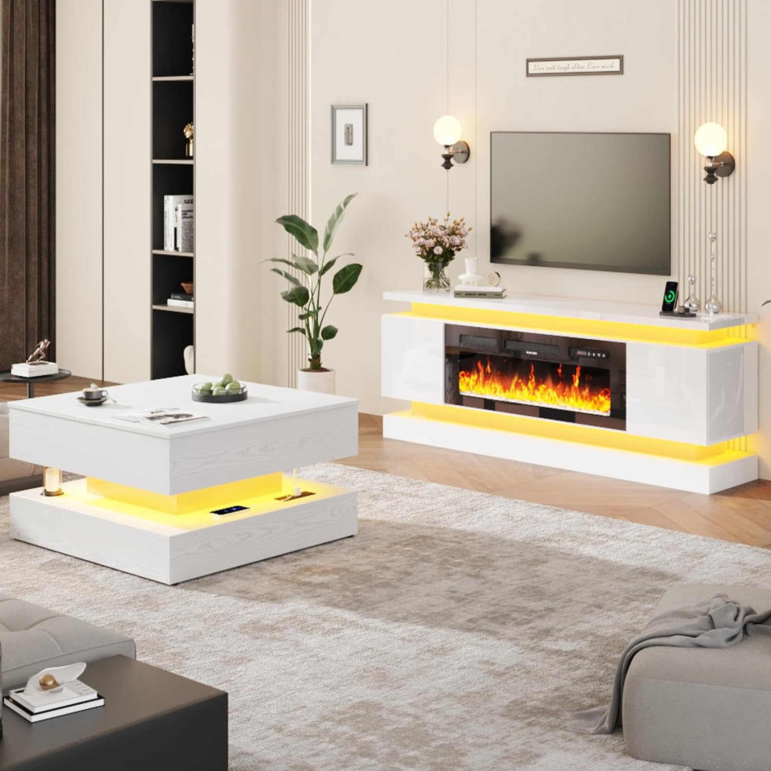 71IN LED TV Stands w/40 inch Fireplace Power Outlet for 85/80/75 Inch TVs,High Glossy Modern TV Media Console Gaming with 2 Storage Cabinets,Dual LED Lights,White