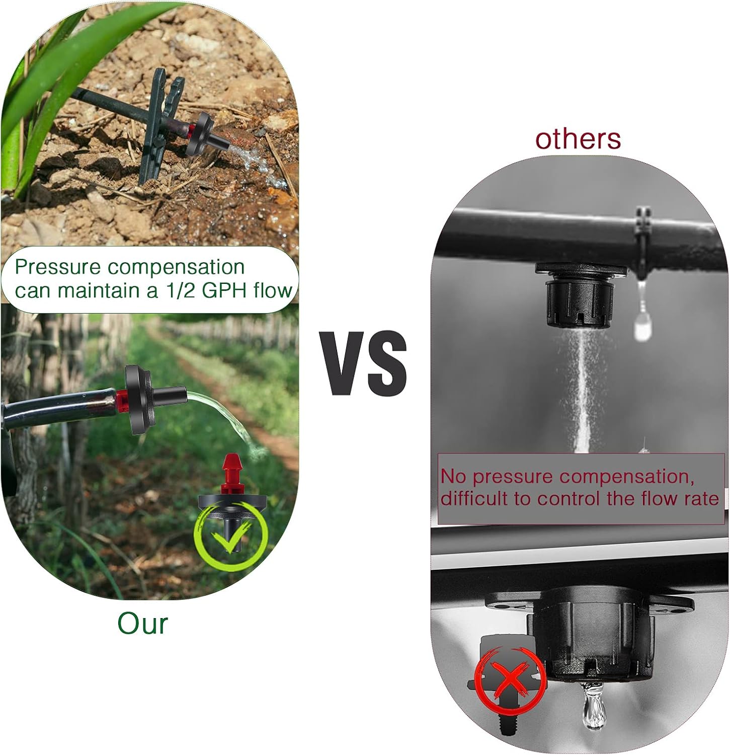 LiquiDrip 1/2 GPH Irrigation Drippers & Drip Emitters Maintain Constant Flow, 1/2 GPH Pressure Compensating Drippers, 1/2 GPH Inline Drippers & Drip Irrigation Emitters, 50 Per Bag, Red/Black : Patio, Lawn & Garden