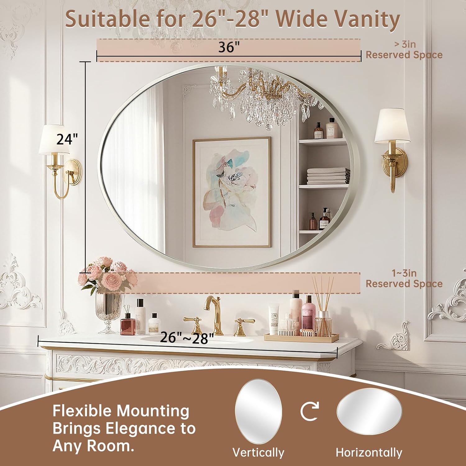 Oval Wall Mirror, 24"x36" Brushed Nickel Vanity Mirror, Bathroom Mirror of Metal Frame, Home Decorative Wall Mounted Mirror for Bathroom, Living Room, Entryway, Vanity