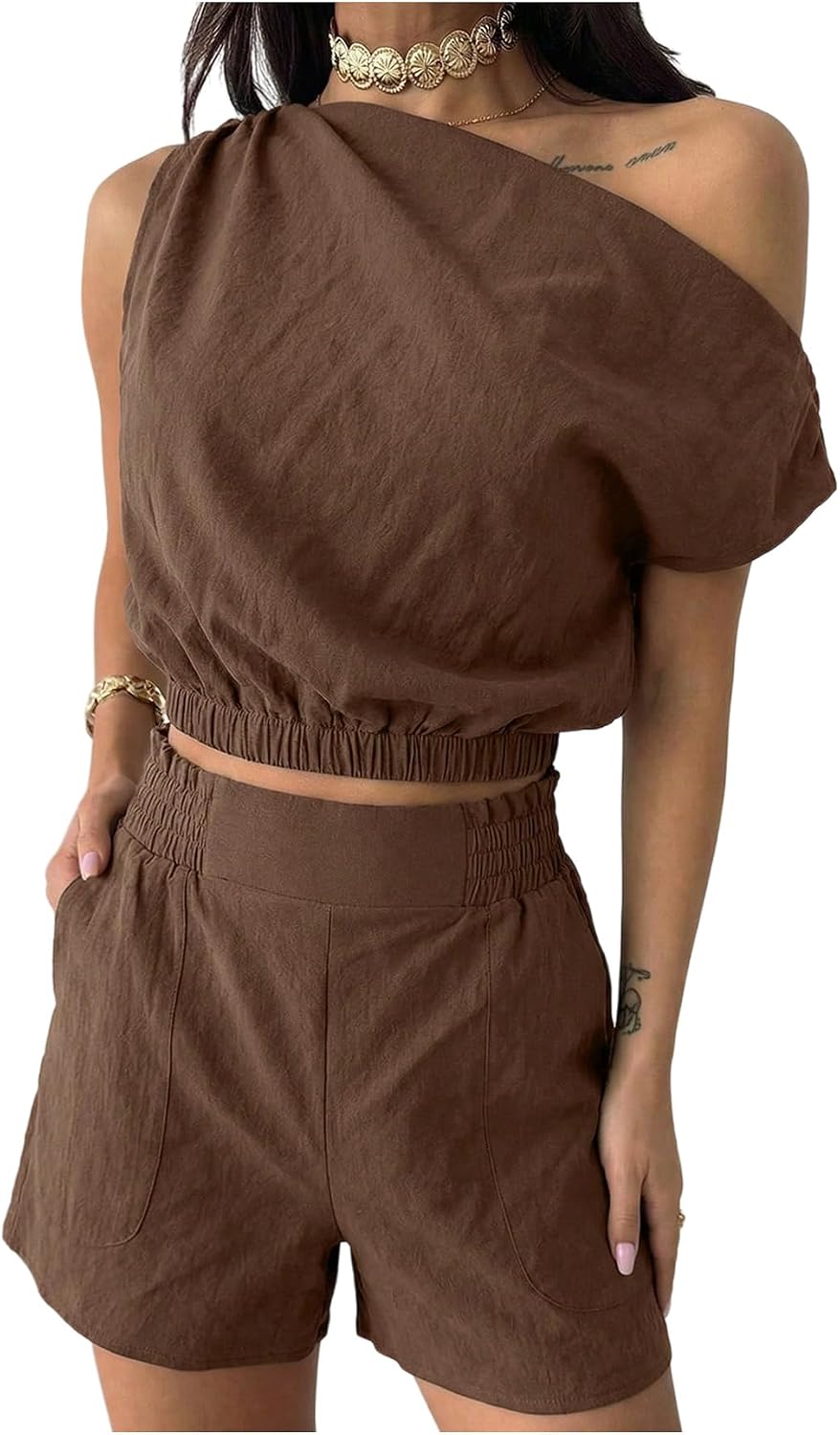 OYOANGLE Women's 2 Piece Outfits Off the Shoulder Sleeveless Crop Blouse and Shorts Lounge Set Romper
