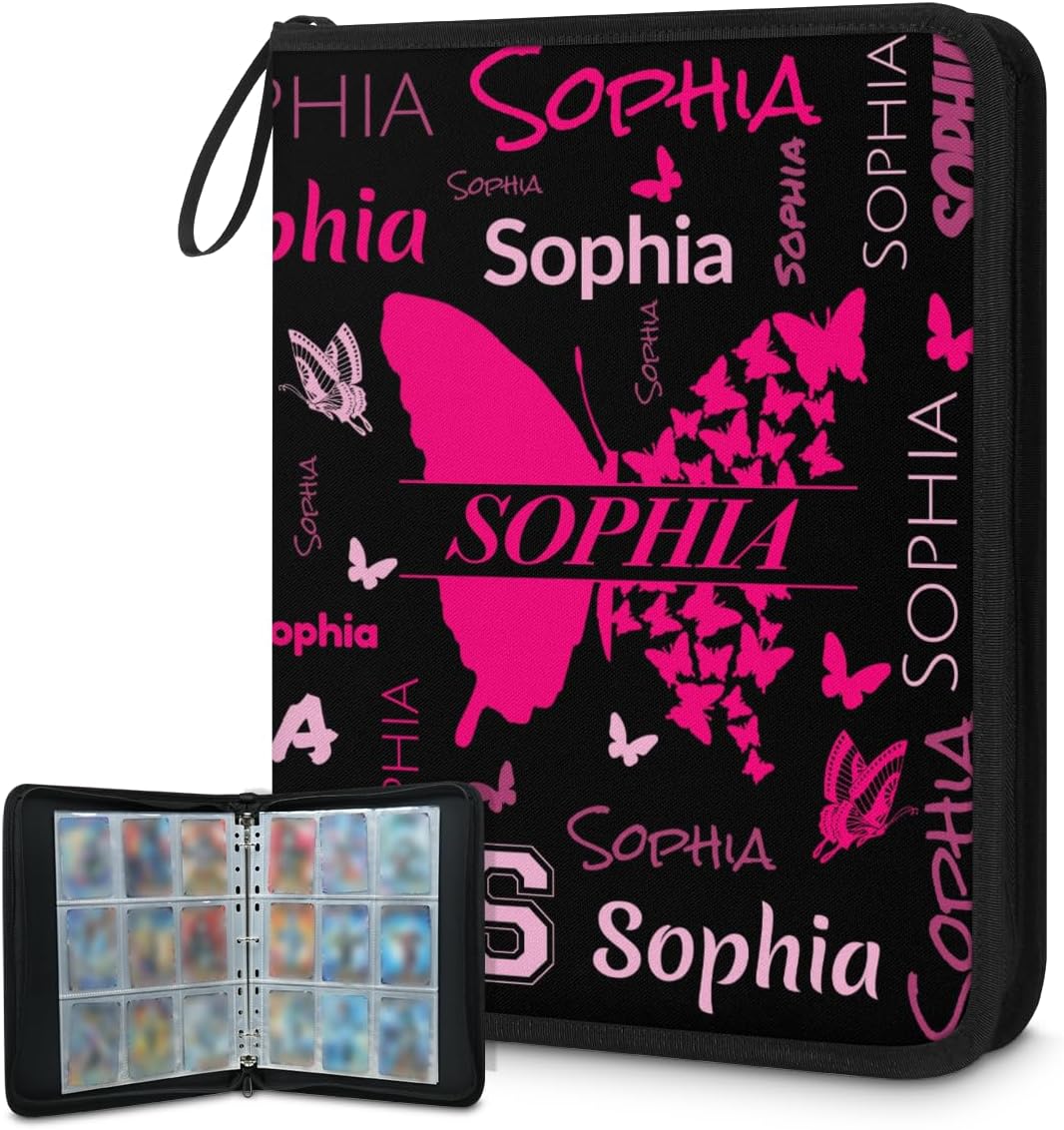 Personalized Black Pink Butterfly Trading Card Binder for 9 Pocket, 900 Cards Holder with Sleeves & Zipper, Custom Storage Organizer Albums for MTG, TCG, Sports Cards