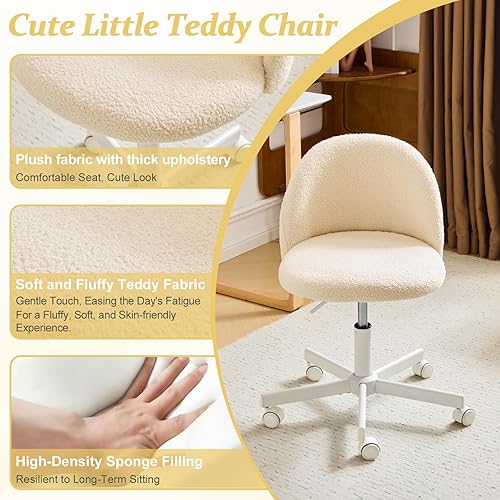 Miniatura 6 de VINGLI Silla Candy sin Brazos, Linda Silla de Escritorio, Cómoda Silla Pequeña de Oficina con Ruedas, Silla de Tocador con Soporte Lumbar, Silla