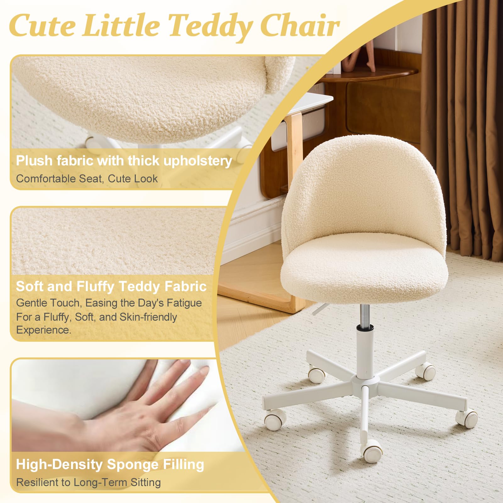 Bonnlo Bürostuhl mit Rollen, Schminktisch Stuhl, Höhenverstellbar Schreibtischstuhl für Arbeitszimmer, Schlafzimmer, Homeoffice, Teddystoff (Beige)