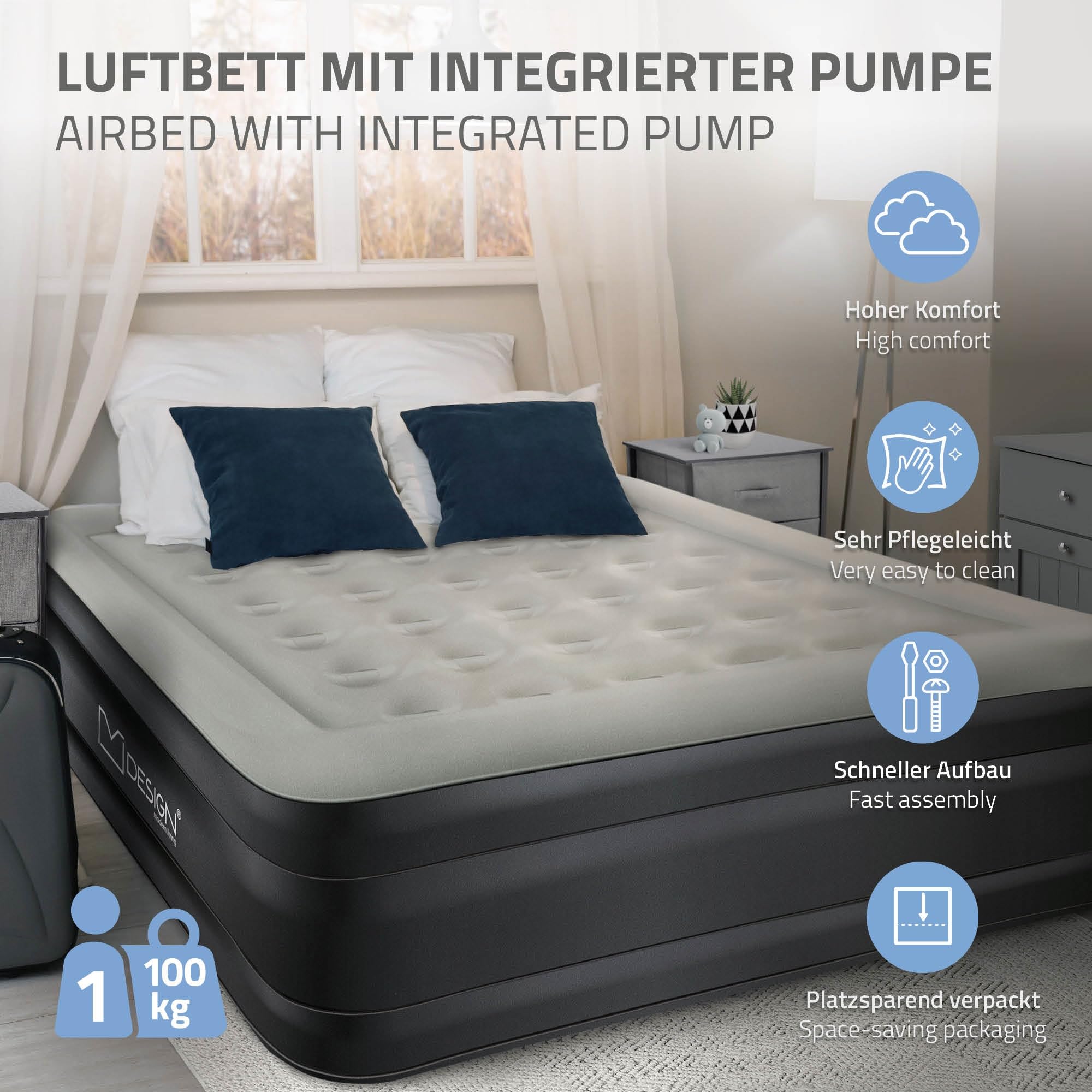 ML-Design Matelas Gonflable pour 1 Personne 196 x 97 x 47 cm, Certifié TÜV, avec Pompe à Air Électrique 230V, Gris, Lit Simple Autogonflant, Résistant à l'eau, Antidérapant, Sac de Transport Inclus