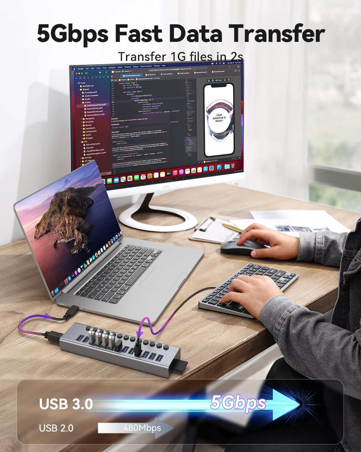 Hub USB 3.0 con alimentación, Wenter 13 puertos con lector de tarjetas SD/TF, divisor USB de aluminio con interruptores individuales de encendido/apagado, adaptador de corriente de 12 V/3 A de 36 W