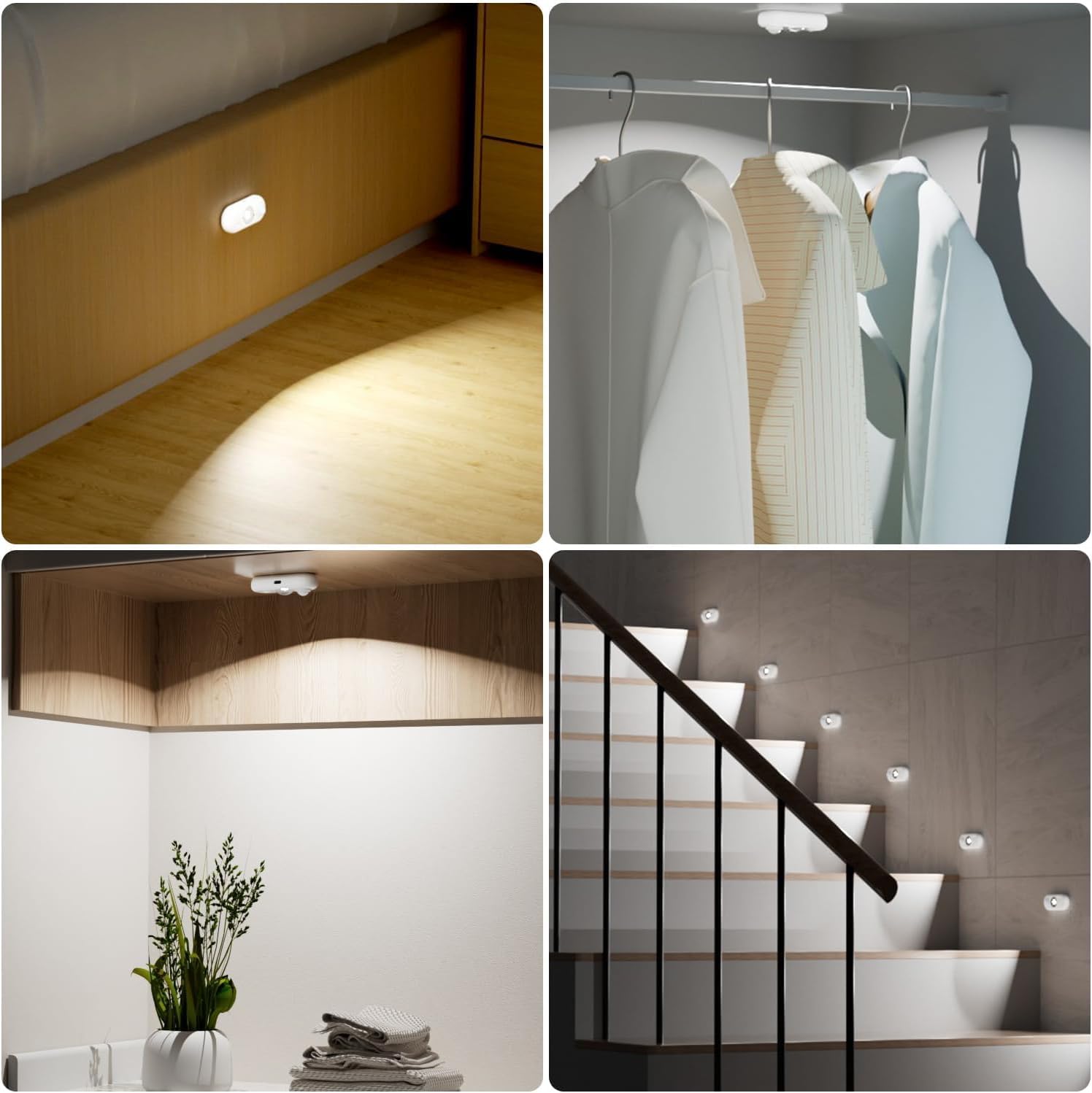 4-Pack LED Motion Sensor Puck Lights Wireless Cabinet Lighting, Small Battery Operated Stick On Up Door Open Activated Sensor Night Lights for Drawer, Shelf, Closet, Stairs