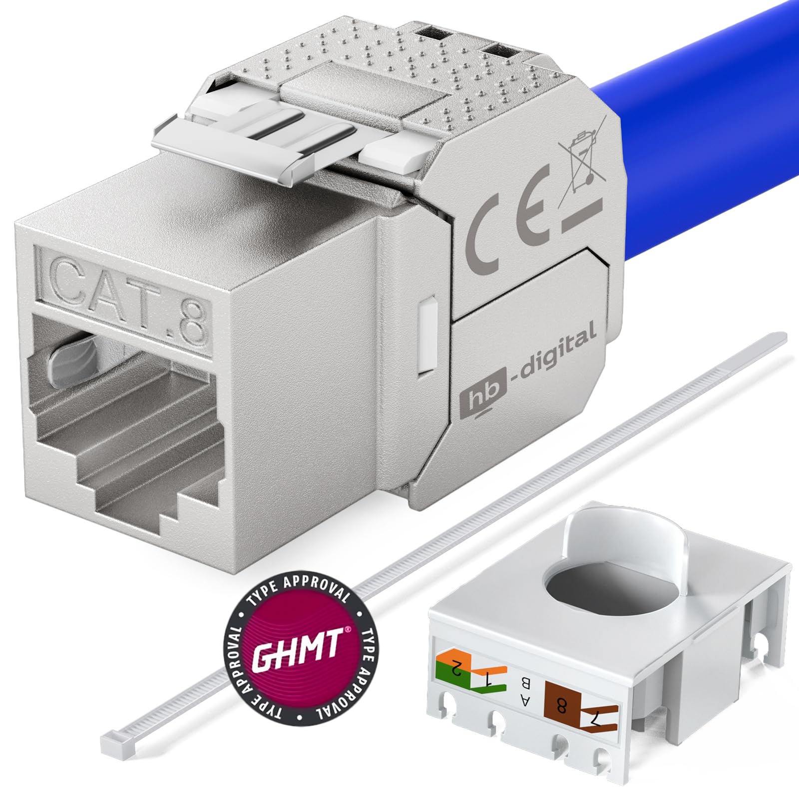 hb-digital Juego de 16 módulos Keystone RJ45 CAT.8 + 8 adaptadores de riel de metal Keystone para riel de sombrero, 35 mm estándar, conector RJ45 apantallado, acero inoxidable LSA, montaje Ethernet