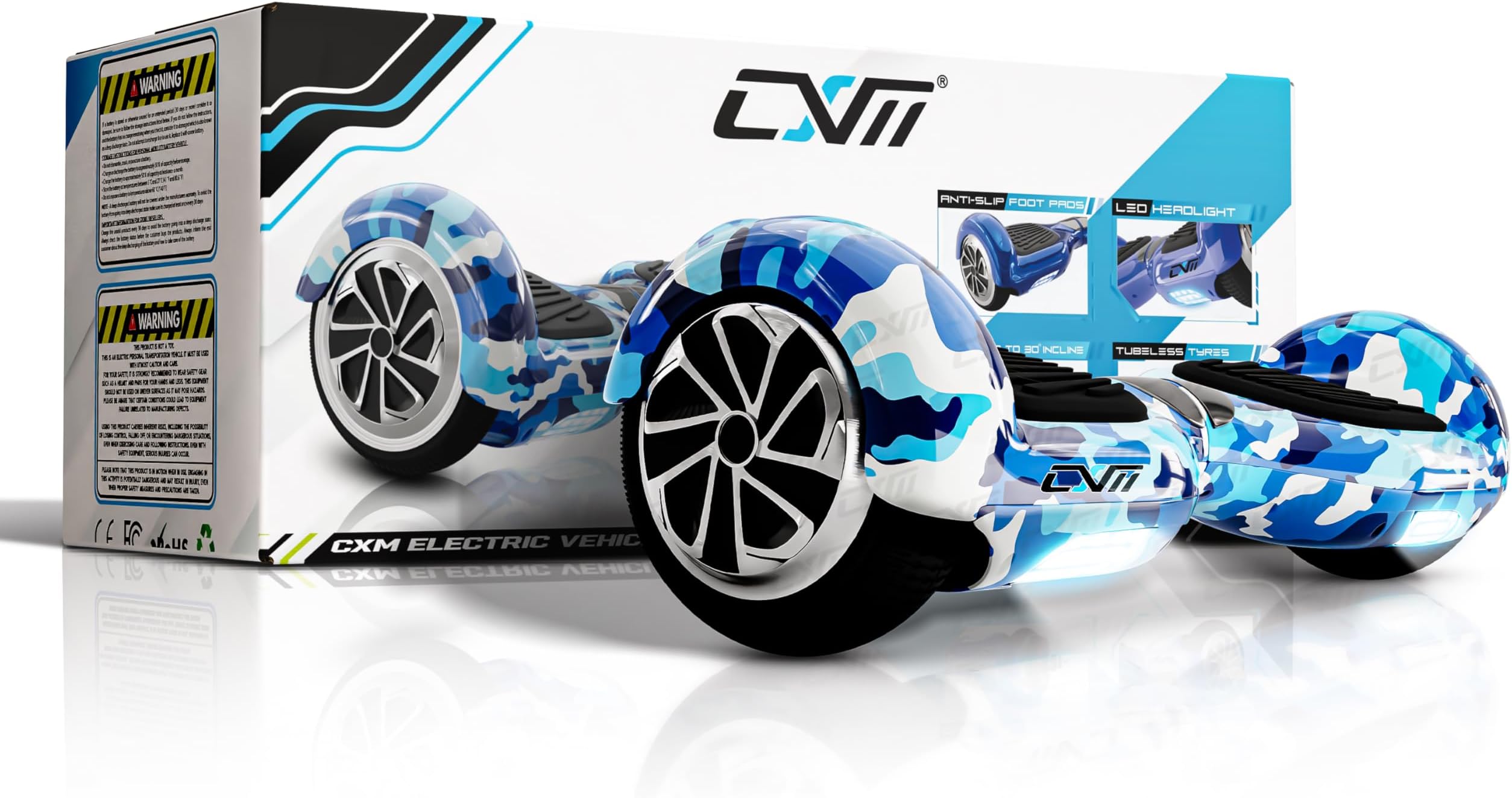 CXM R2 U UL 2272 Certified 6.5 inch Self-Balancing Hoverboard (Camo Blue) for Kids & Adults | Dual 200W Motors, Bluetooth Speakers, LED Lights, 10KM Range, 36V BIS-Approved Battery | 100kg Capacity | 1-Year Warranty