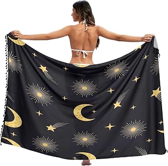 Golden Moons Sarong Swimsuit Cover Up, Summer Long Sarong Wrap Skirt, Large