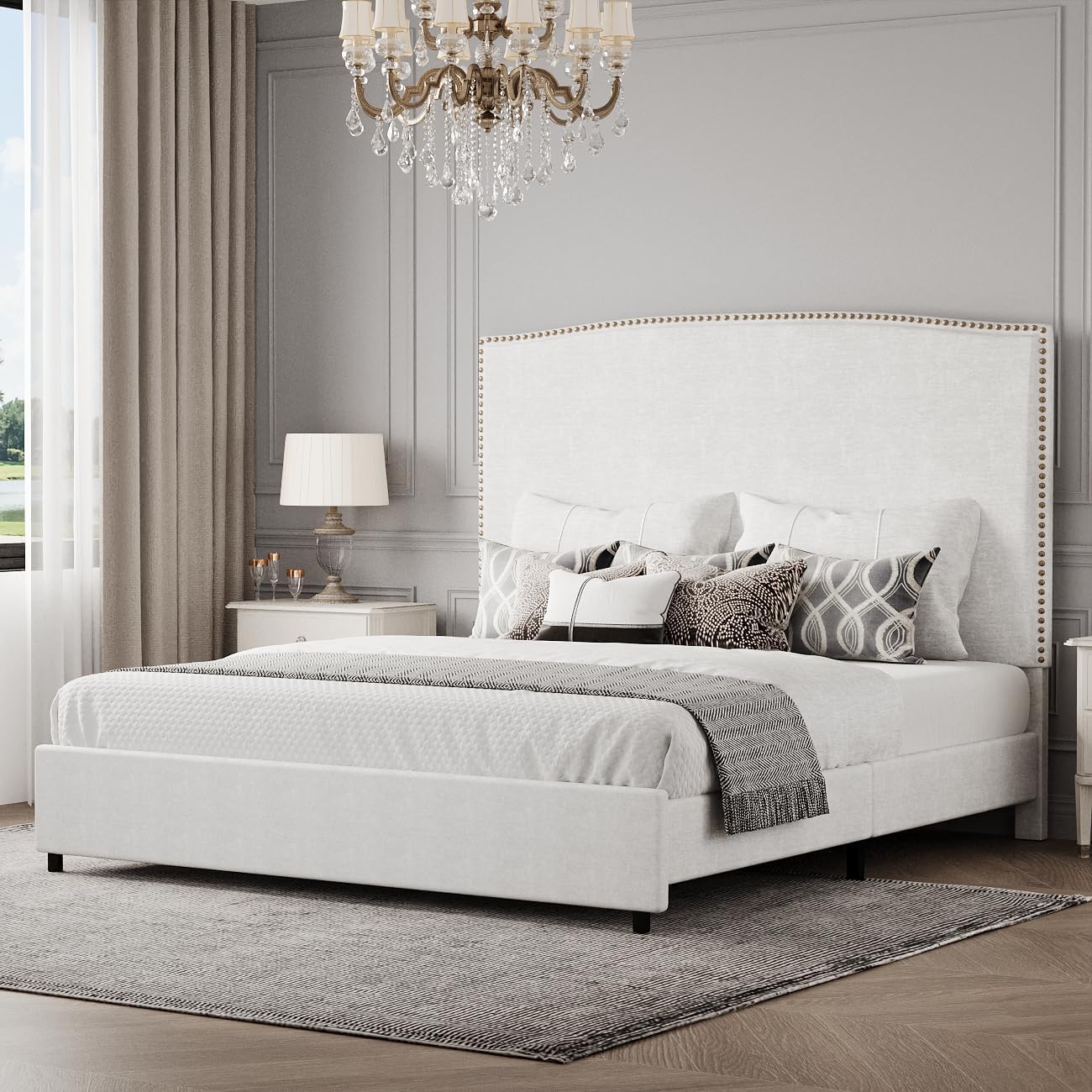 BarnFurin King Size Bed Frame with 56" Tall Headboardd, Upholstered Platform Bed with Nailhead Trim Headboard, Soft Boucle Fabric, No Box Spring Needed, Easy Assembly, White