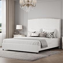 BarnFurin Queen Size Chenille Bed Frame with 56" Tall Headboard, Upholstered Platform Bed with Nailhead Trim, Soft Boucle Fabric, No Box Spring Needed, Easy Assembly, White
