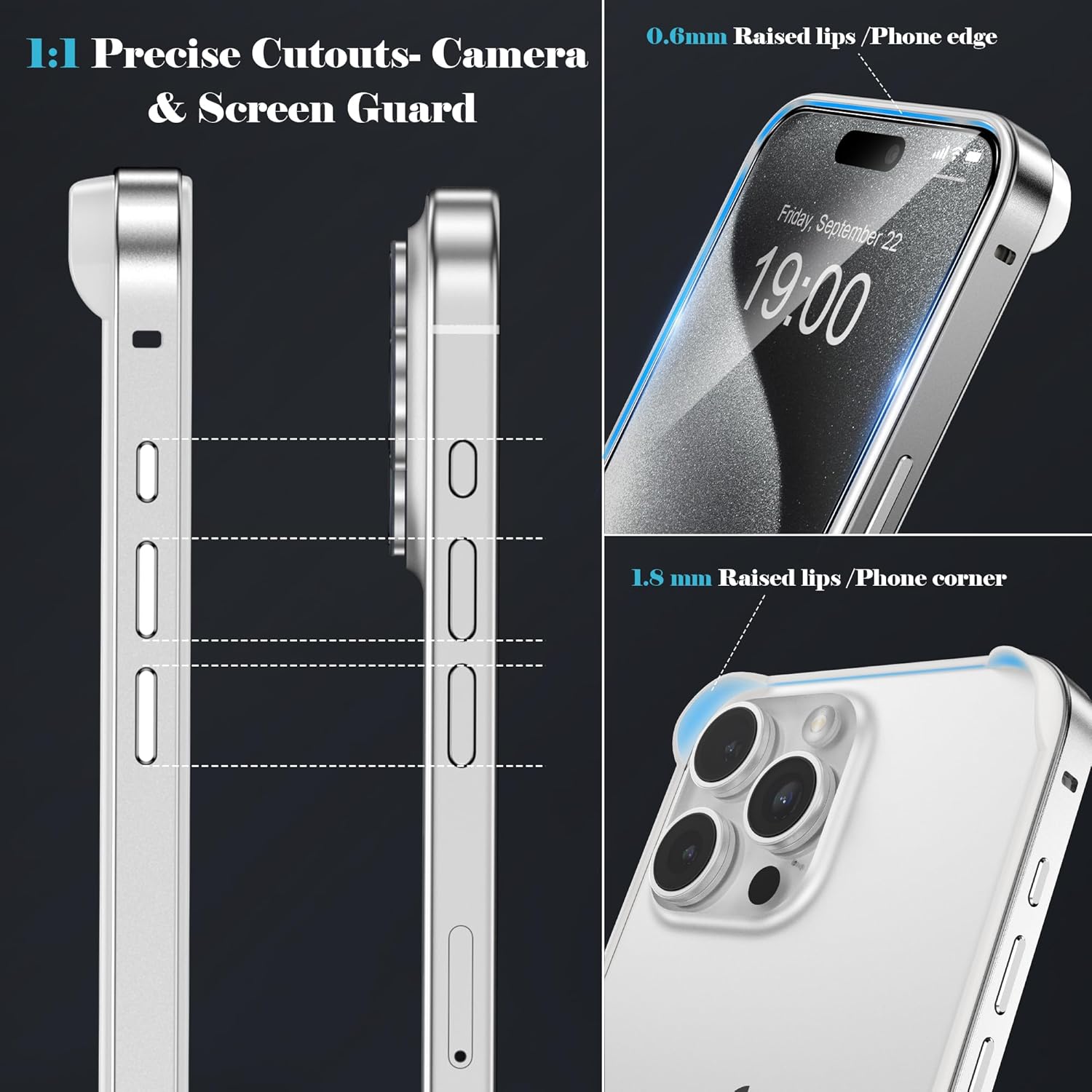 YMHML Bumper Case for iPhone 15 Pro Titanium, Aluminum Alloy   TPU Bumper Frame with Screen Protector Tempered Glass, Metal Slim Fit No Back Design 4 Corner Raised Protection Accessories, Silver