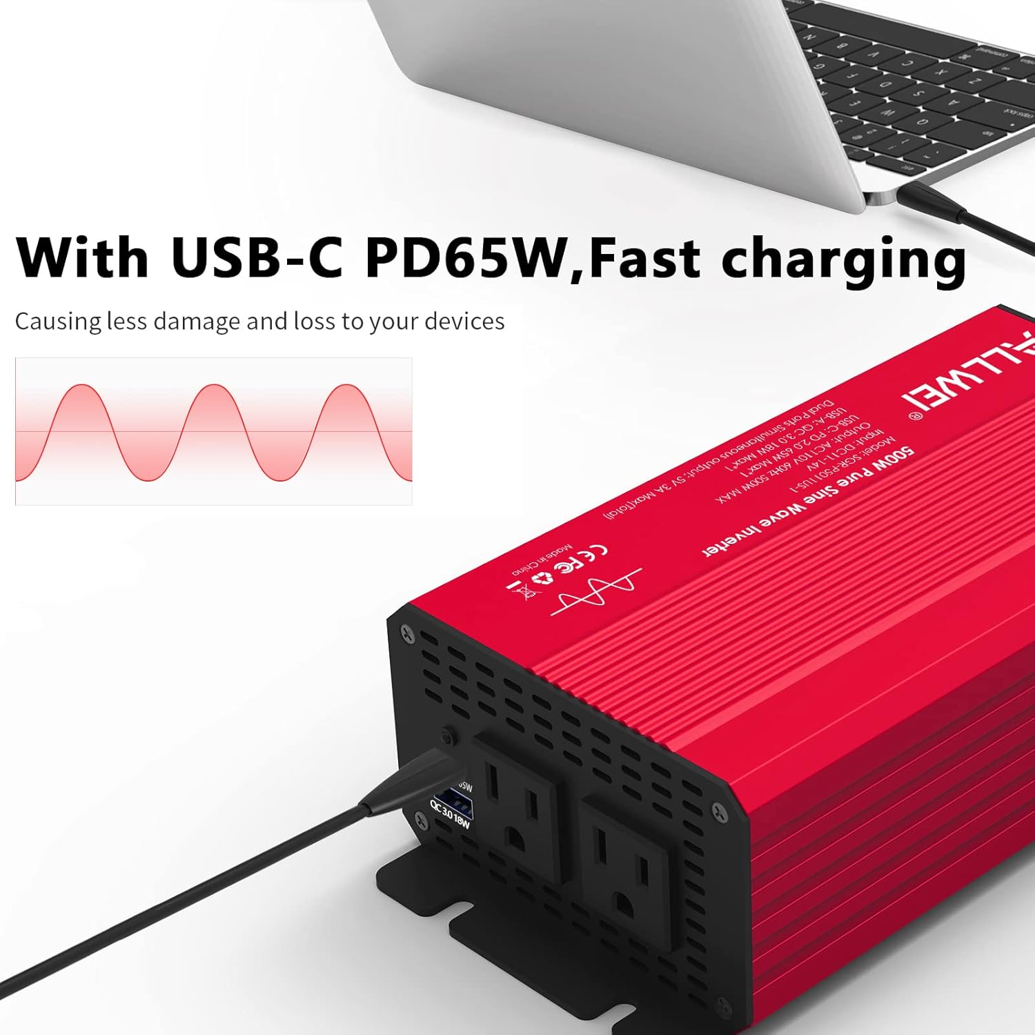 ALLWEI 500W Pure Sine Wave Power Inverter 12V to 110V Power inverters for Vehicles Converter Adapter with USB-C PD65W/USB Fast Charging Ports and 2 AC Outlets Plug Car Charger