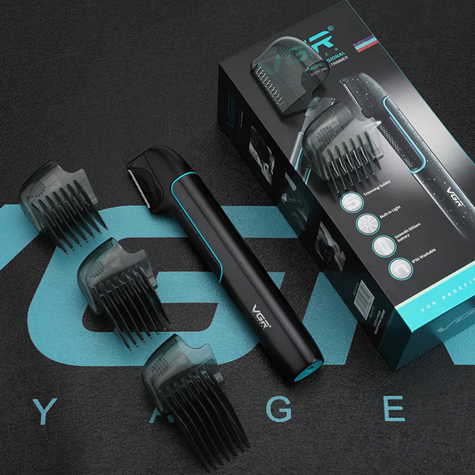 VGR 602 Afeitadora Corporal para Hombre, Cabezal en V, Extensible, IPX6 | Body Groomer con Diseño de Varillas Extensibles, Recortador con 4 Accesorios, Carga USB