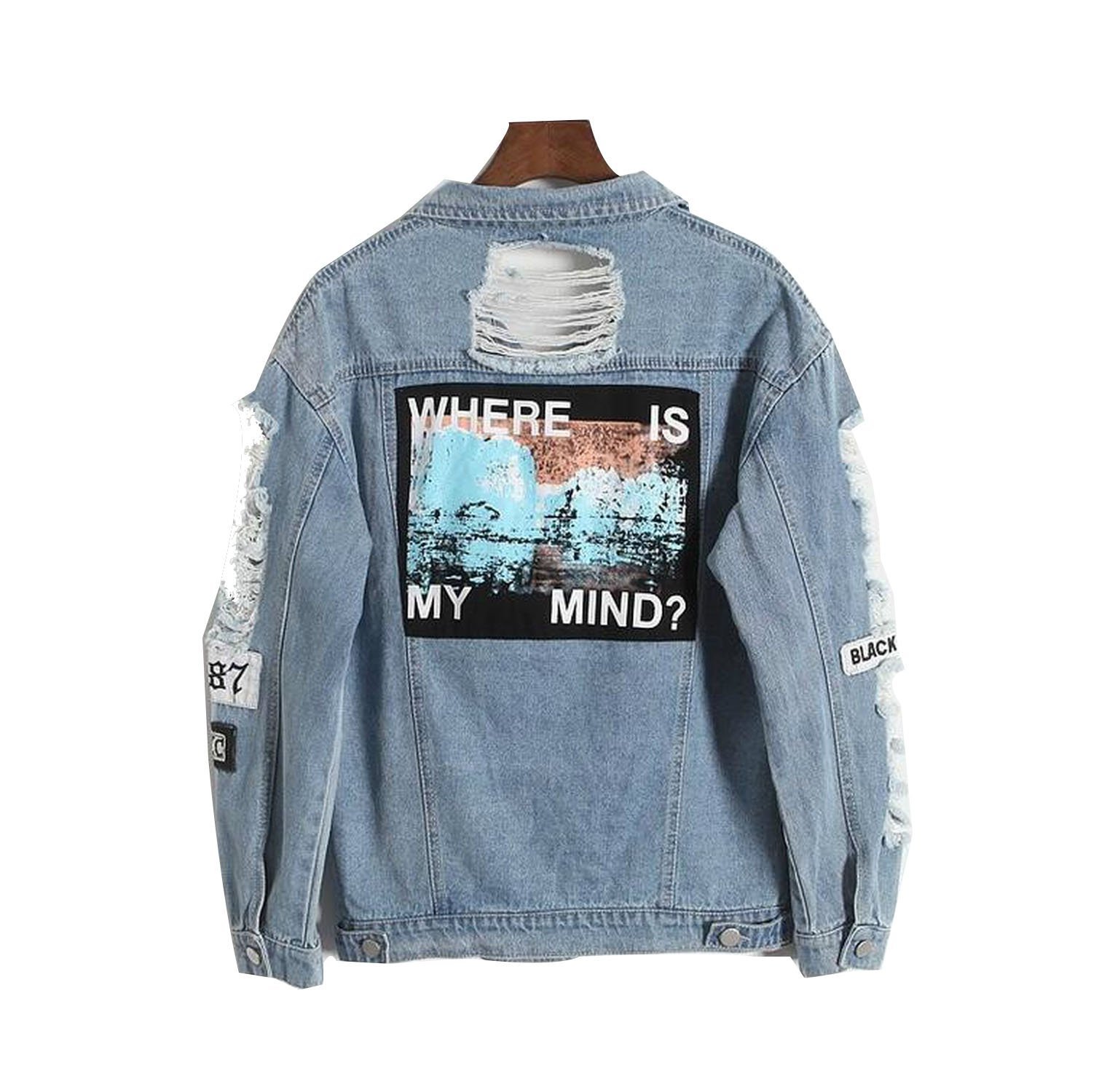 MERRYDAY Retro Washing Frayed Embroidery Letter Patch Bomber Jacket Blue Ripped Distressed Denim Coat Female