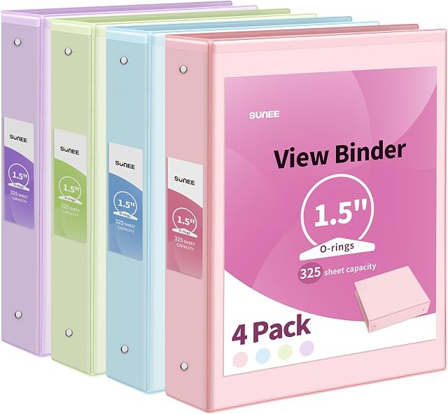 SUNEE 3 Ring Binder 1.5 Inch 4 Pack, Clear View Binder Three Ring PVC-Free (Fit 8.5x11 Inches) for School Binder or Office Binder Supplies, Assorted Pastel Binder (Pink Purple Mint Blue)