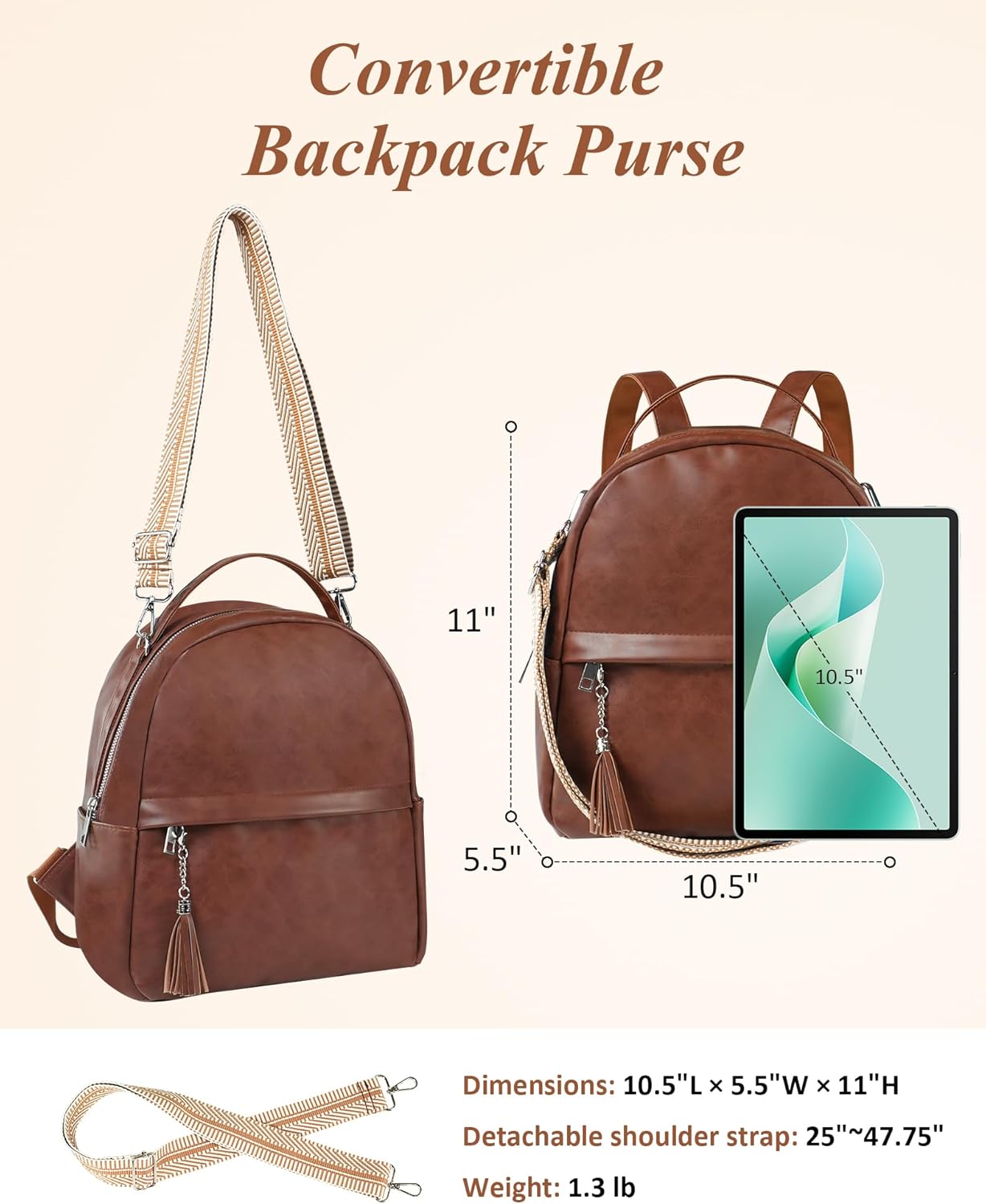 Fmeida Fashion Backpack for Women Vegan Leather Small Backpacks Purse Convertible Shoulder Bag Fashion Ladies Daypack Handbags w Tassel, Brown - Image 2