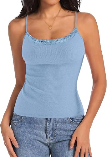 Womens Lace Camisole Tank Tops Y2K Square Neck Adjustable Spaghetti Strap Cami Sexy Sleeveless Shirt