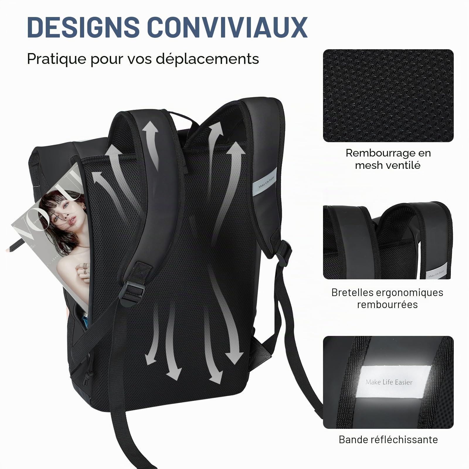 Lekeinchi Rolltop Sac à dos élégant pour ordinateur portable de 17 ", étanche, grand sac à dos de voyage, sac à dos d'école, pour les voyages, l'université, le travail