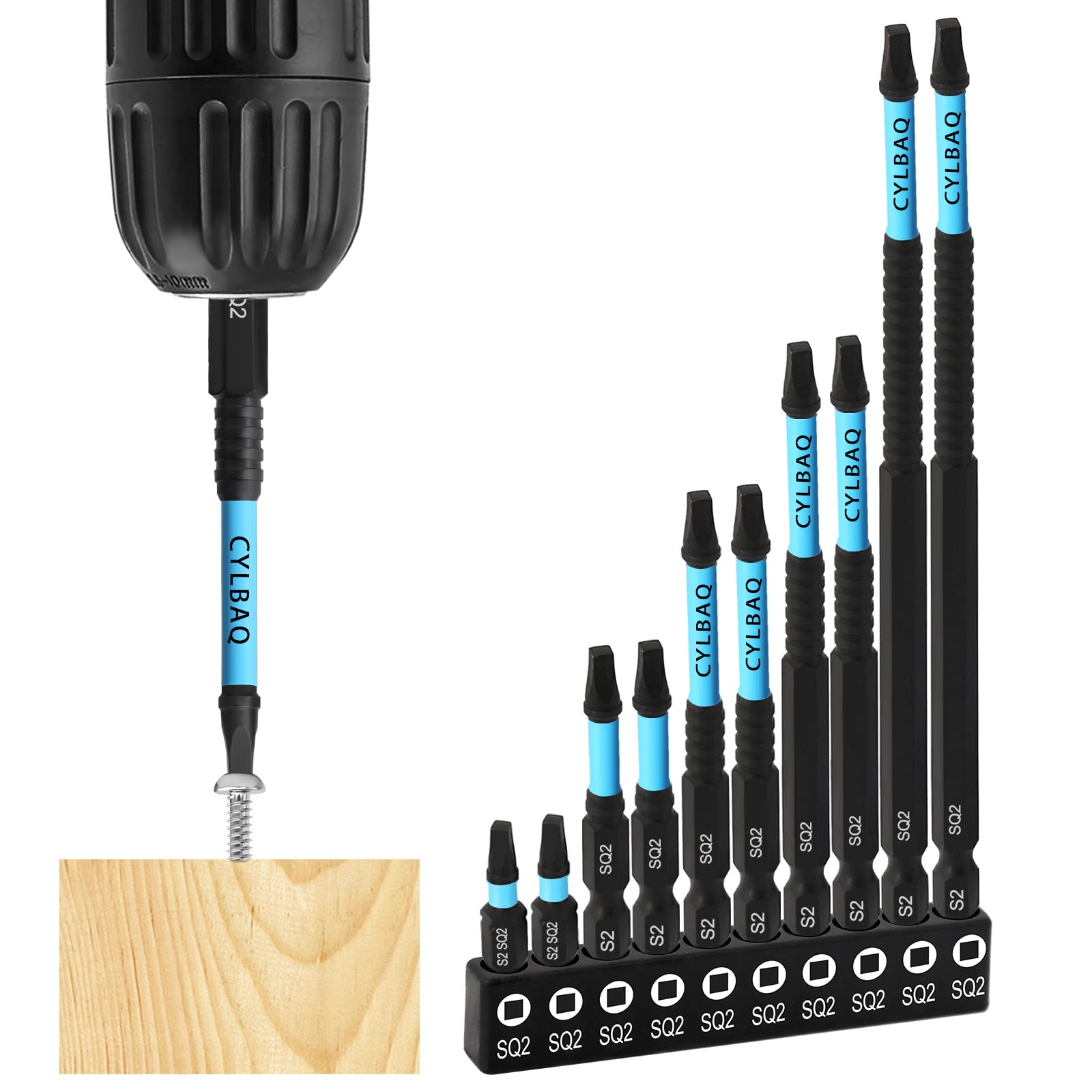 CYLBAQ Square Screwdriver Bits, 10Pcs SQ2 Square Head Screwdriver Bit Set 25+50+75+100+150mm S2 Steel Tamper Proof 1/4” Hex Shank Magnetic Security Bits for Impact Drill