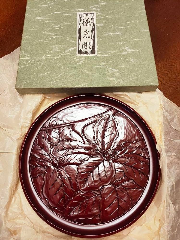 未使用品　鎌倉彫　お盆　丸盆　アンティーク　昭和レトロ 未使用品鎌倉彫お盆丸盆アンティーク昭和レトロ