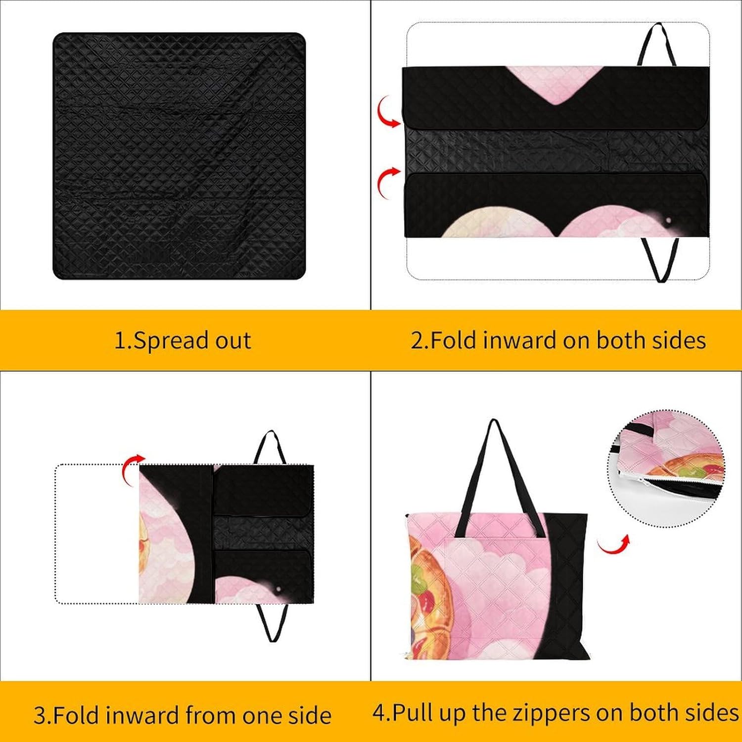 Pink Pizza Picnic Blanket 150x150cm, Foldable 2-in-1 Picnic Mat and Tote Bag Portable Waterproof Beach Mat Sandproof Outdoor Blanket for Park, Hiking, Beach, Camping, Travel