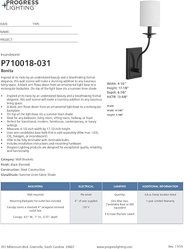 Miniatura 23 de Progress Lighting Bonita Collection - Aplique de pared negro de una sola luz
