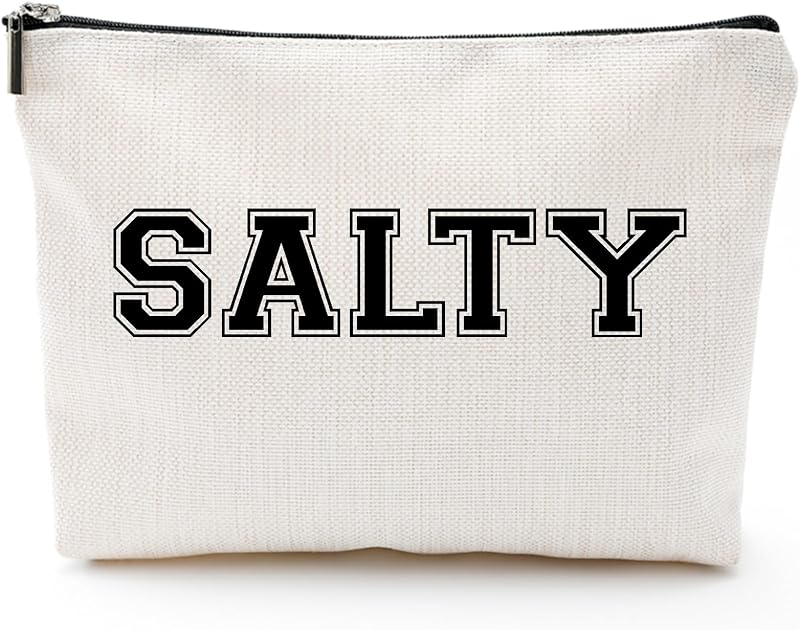 Necessaire de maquiagem ZUYUROU SALTY em formato retangular, bege, com zíper, estampa de letras, modelo BG25