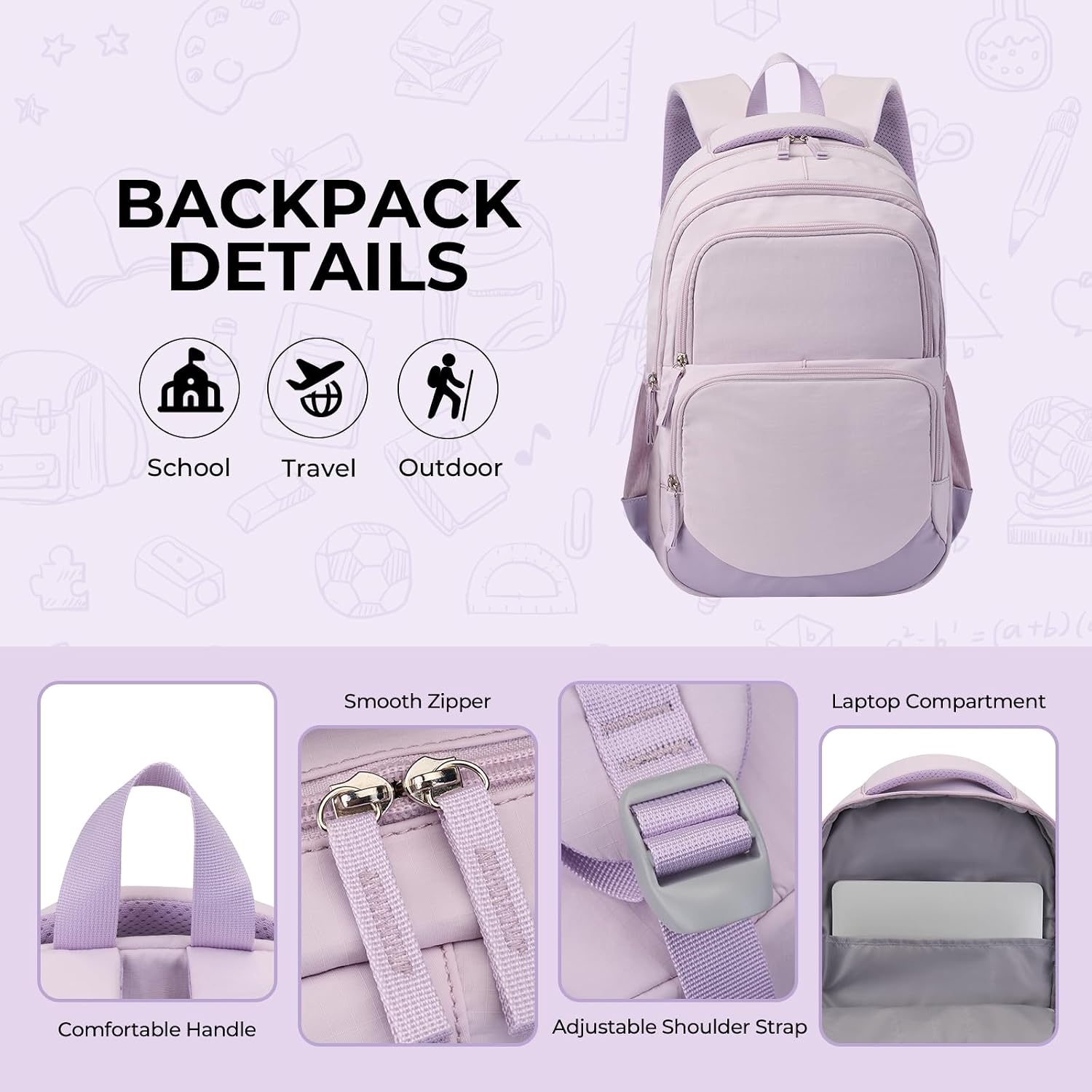 Glodwheat 3Pcs Backpack Set For Girls With Insulated Lunch Bag & Pencil Case, Lightweight Water-Resistant School Bookbag With 11 Compartments / 20L image 4