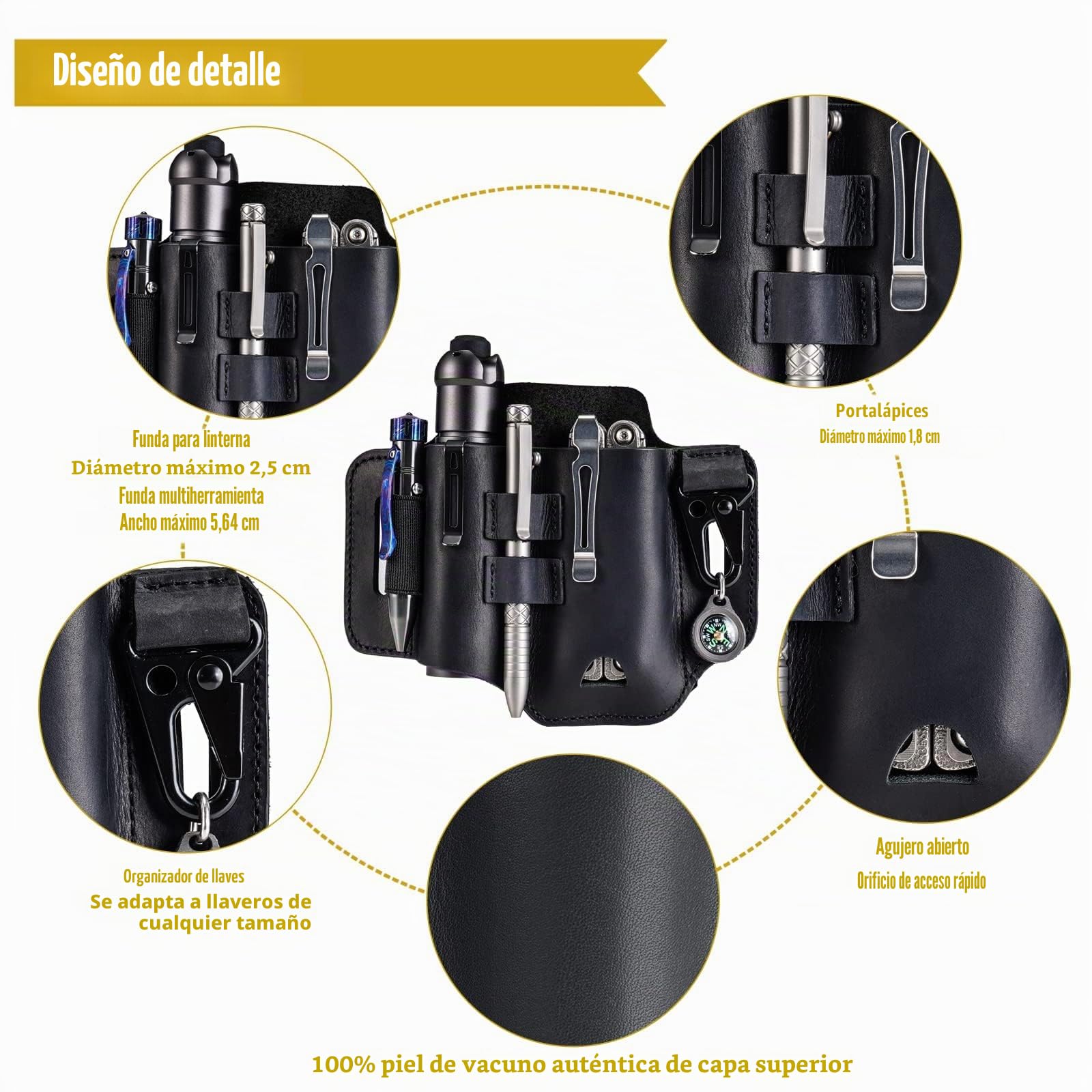 VIPERADE PJ35 - Funda de cuero EDC, funda multiherramienta/bolsa de herramientas/funda para cinturón de cuchillo/funda para linterna/funda para cuchillo, funda de almacenamiento a mano con 3 bolsillos