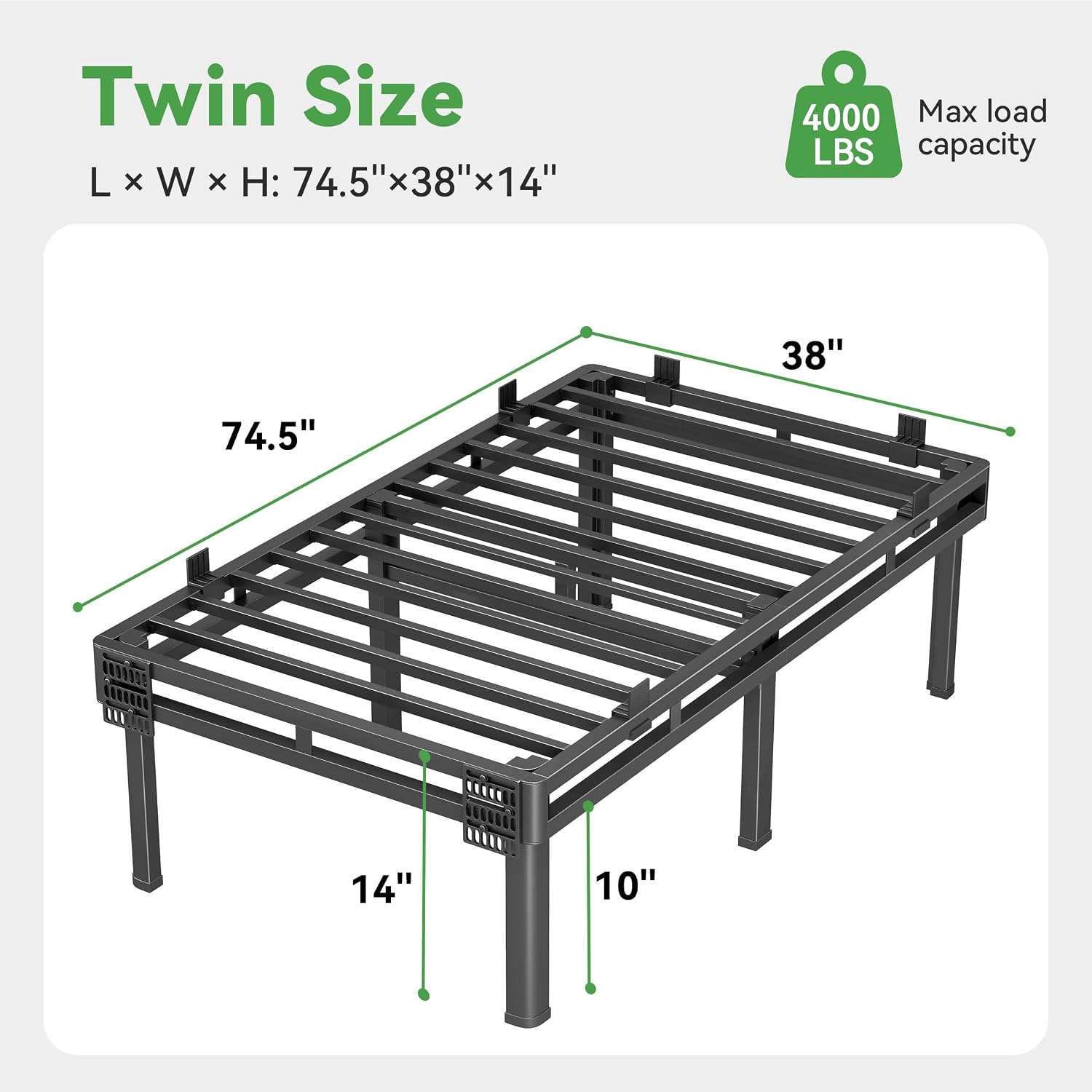 Superay Twin Bed Frame, 14 inch Metal Bed Frame & Box Spring 2 in 1 Design, Double Layer Bed Frame with Rounded Legs, Heavy Duty Platform Support 4000lbs, with Matress Gasket & headboard Adapter