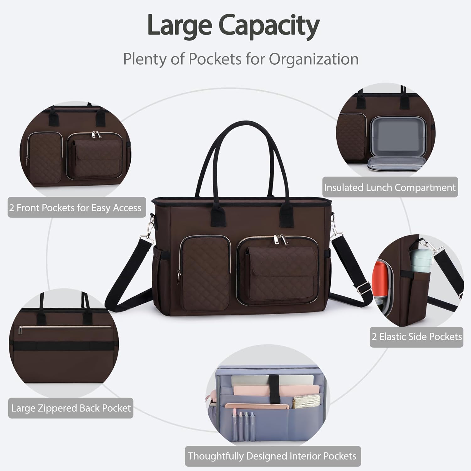Women Laptop Tote Bag with Insulated Lunch Compartment,15.6'' Teacher Work Computer Bag,Large Water-Resistant Messenger Shoulder Bag with Multi Pockets for Office/College/Travel-Brown - Image 3