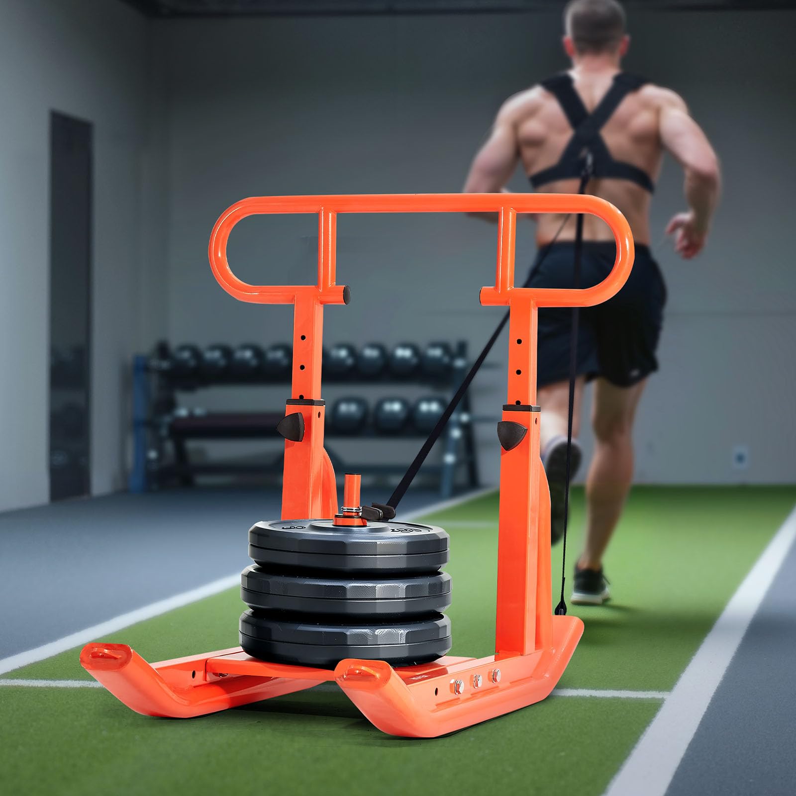 VEVOR Traîneau de Puissance en Acier, Équipement d'Entraînement de Force, Vitesse et Explosivité avec Poignée Réglable en Hauteur, Poussée et Traction, Compatible avec Disques de 2,5 et 5 cm, Orange