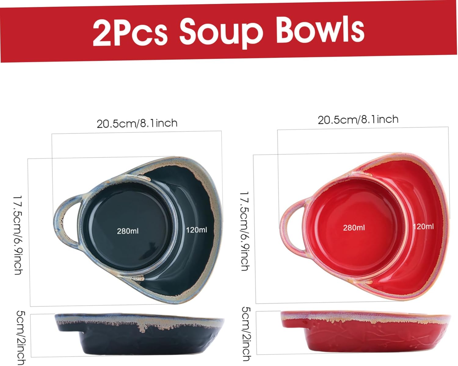 2Pcs Soup Bowls Retro Ceramic Chip and Dip Bowl with Handles Creative Soup & Side Plate for Salad, Dessert, Fruit