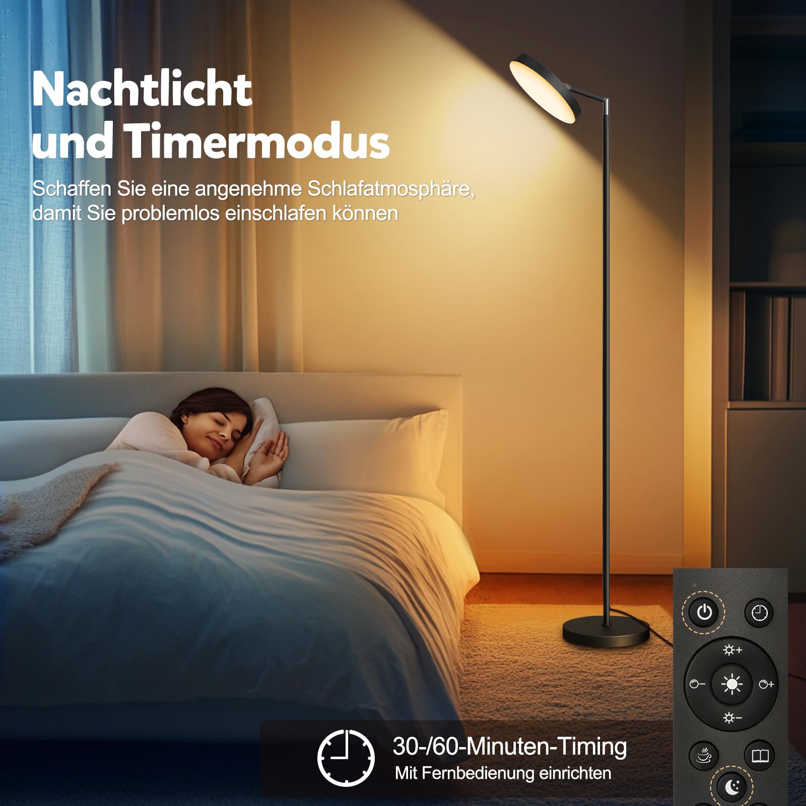 24W Deckenfluter LED Dimmbar 163cm,2600 Lumen Stehlampe Dimmbar mit Memory-Funktion,2700K-6500K Leselampe Stehlampen Schwarz,LED Stehlampe 1H Timer mit Fernbedienung für Schlafzimmer,Büro