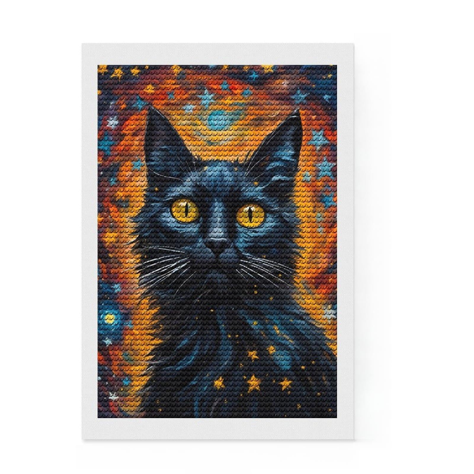 Junmoney Black Cat Painting Full Drill Diamond Painting Kit 8"x12", for Adults, Mindful Craft Activity, Bedroom Decor, Festive Craft Gift