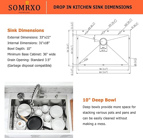 Miniatura 9 de Fregadero de cocina de 33 x 22 pulgadas con grifo  Fregadero de cocina de acero inoxidable con lavadora de tazas, fregadero de cocina de un solo