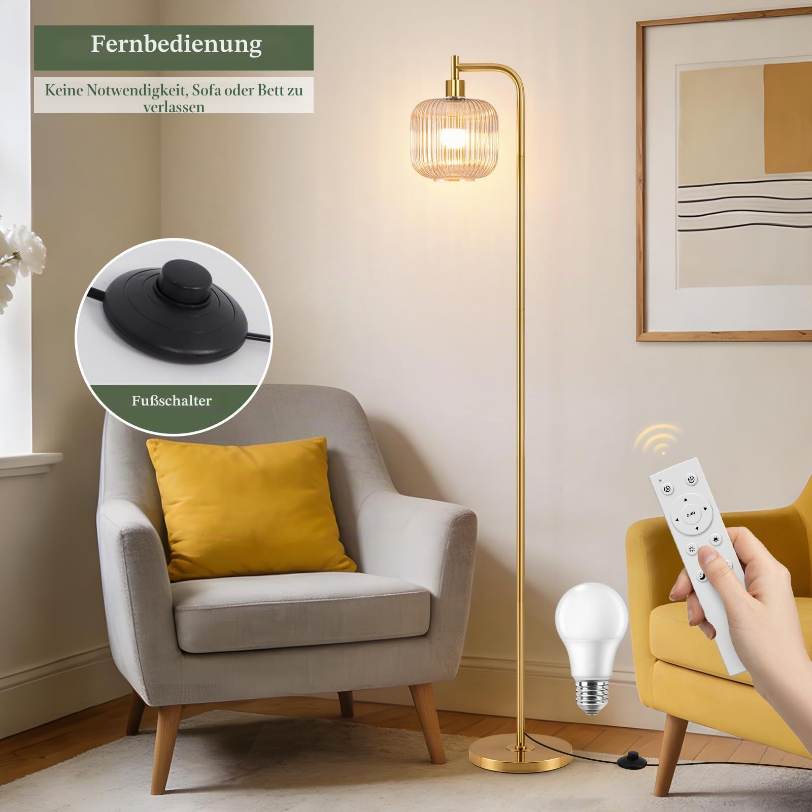 Retro LED Stehlampe Dimmbar, 160cm Vintage Stehlampe Wohnzimmer Mit Bernstein Glaslampenschirm, Fußschalter, Fernbedienung, 2700K-6500K, Moderne Stehlampen für Wohnzimmer Schlafzimmer Büro