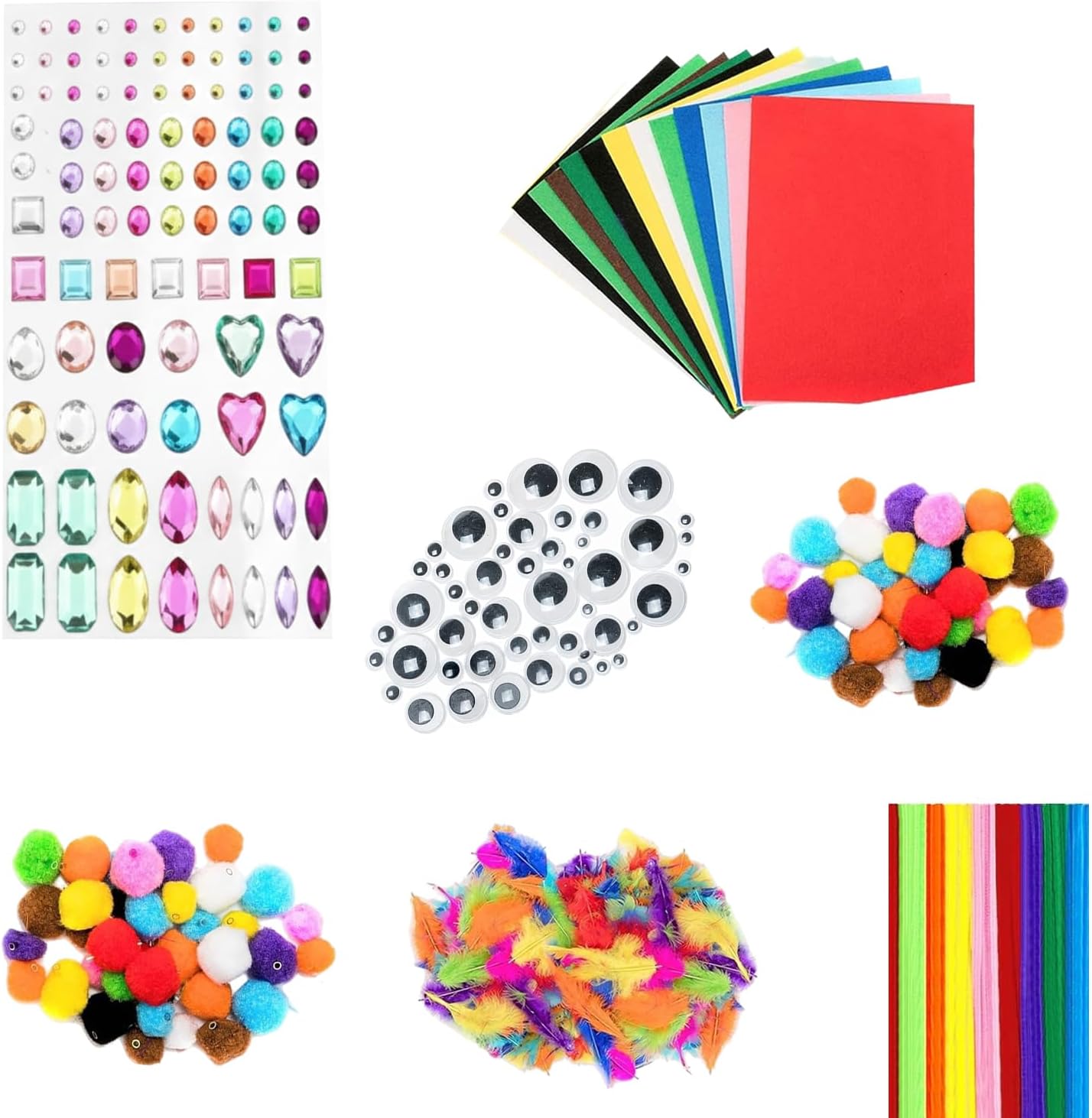 Crafting Kit - 280 Pieces - Inc Pipe Cleaners, Pompoms, gems, Googly Eyes, Felt & Feathers - Various Sizes and Colours - Great for Children and Adult Crafts, for Home or workshops