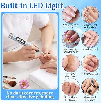 Electric Nail File for Thick Toe Nails, 2 in 1 Electric Nail Drill with UV Lamp, 5 Speed Nail Drill Machine for Various Nails, Toe Nail Grinder for Thick Toenails, Blue (18 Nail Drill Bits