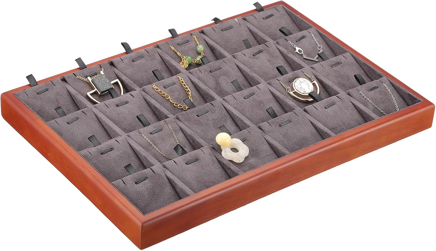 PATIKIL Grid Wooden Velvet Jewelry Display Tray, 24 Grid with Removable Inserts Jewelry Display Storage Earrings Necklaces Pendants Chains Organizer Holder Dresser Plate Drawer Case, Gray