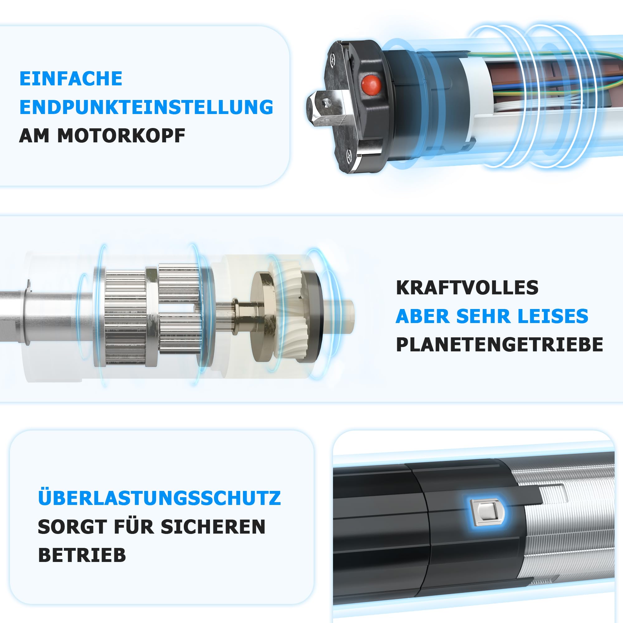 jarolift Elektronischer TDEP 20/13 Rollladenmotor Rohrmotor, SW60, Zugkraft 42 kg, Komplettset mit 8 Kant-Wellenadapter u. Lager, Blockiererkennung, Überlastungsschutz
