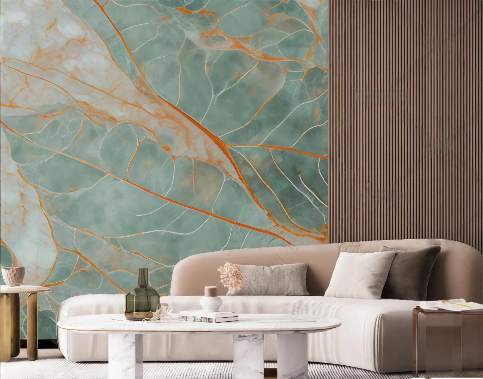 Tapeta sztuka nowoczesna pomarańczowy zielony liść wzór abstrakcyjny marmurowy wzór TV sofa tło tapeta ścienna salon restauracja kawiarnia mural, 3D, 250 x 175 cm