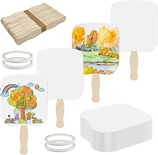 LOTMER 75 Pcs Church Fans Handheld Set, 50 Blank Cardstock Paper Fans with 25 Wavy Wooden Sticks, Paper Fan Handheld for DIY Painting Custom Fans (25 Sets)