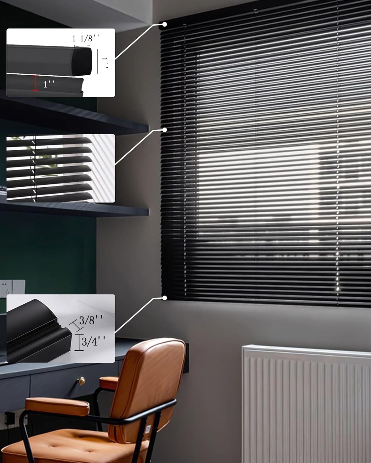 Custom 1 Inch Aluminum Blinds for Windows Cordless Sink Mini Venetian Blinds Aluminum Mini Blinds Cheap for Office Bathroom Blackout Horizontal Blinds. Black,36" W x(12" H to 98" H Customize)
