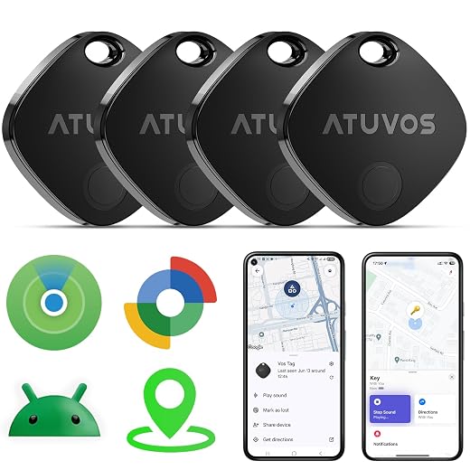 ATUVOS Air Tracker Tags-4 Pack for Android & iOS, Tracker Tags Work with Google Find Hub or Apple Find My APP, Smart Tags for Android, IP67 Waterproof Bluetooth Tracker Tag for Luggage, Keys