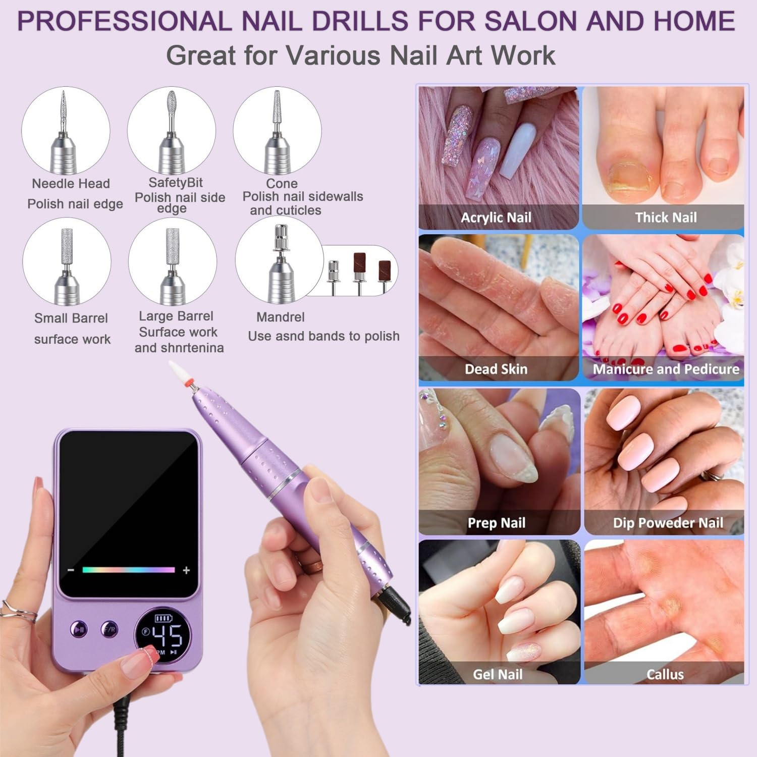 Lima Unghie Elettrica Professionale Fresa per Unghie Senza filo USB Ricaricabile Portatile 45000 giri Nail Drill con 6 Punte per Unghie e Touch Screen a Led per Manicure, Pedicure-purple