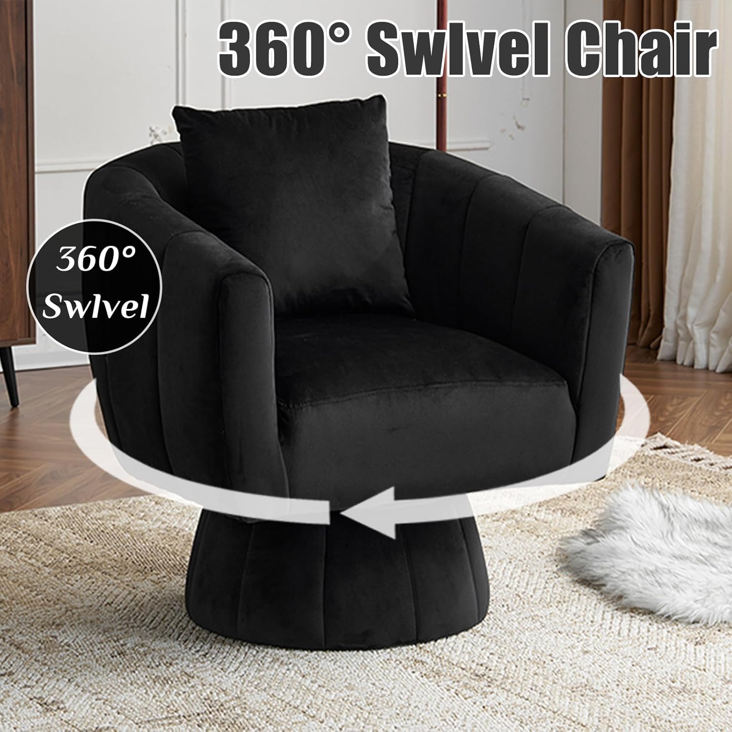 360°Swivel Accent Chair,Modern Velvet Barrel Accent Chair with Fluffy Cushions,Comfy Wide Upholstered,Accent Chairs for Home Sofa Living Room/Bedroom/Lounge