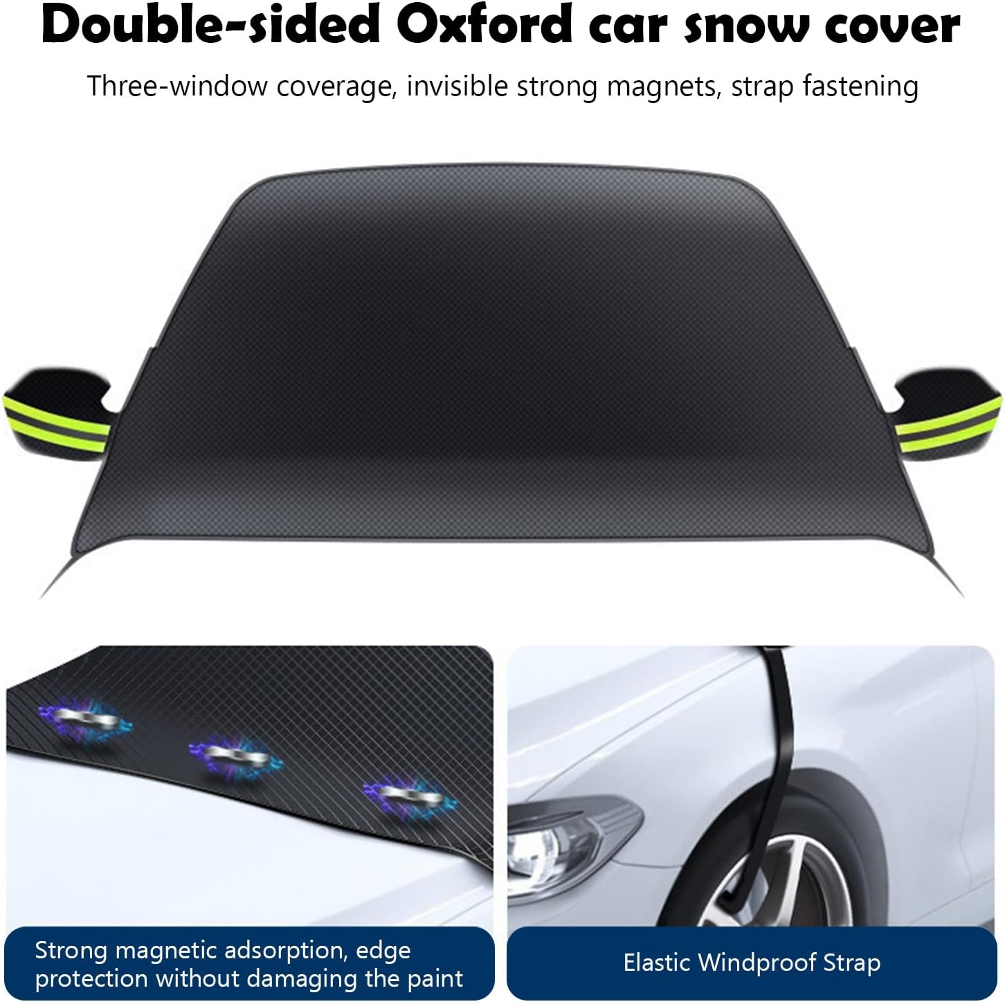 Ultra Wide Design and Thick Car Windshield Snow Cover - All-Weather Anti Frost, Anti Snow and Sun Protection, with Magnetic and Strap Fixation (Green Reflective Strip)