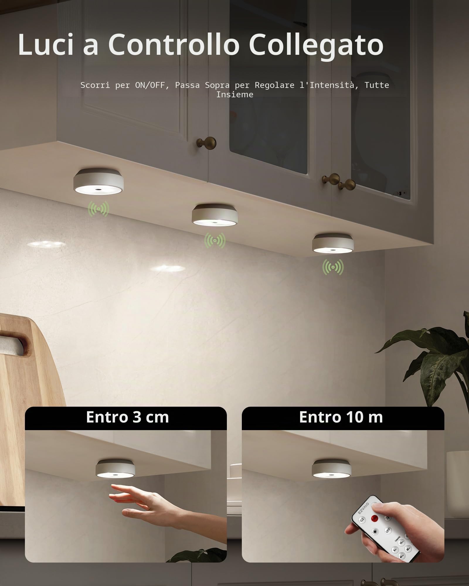 EZVALO Luce di Armario 6 Piezas, LED con Controllo non Tattile, LED Adesiva con Manovra a Distanza, Illuminazione Regolabile per Scale, Dormitori. Mobili, Armadi, Cucine